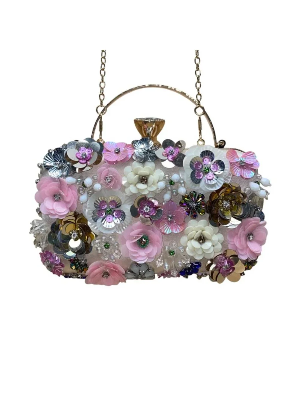 Women’s Pink Floral Embellishment With Chain Strap & Handle Clutch Purse